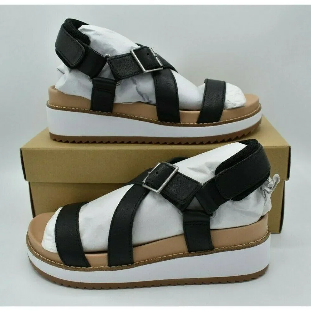 Lucky Brand Women Size 9.5 Idenia Wedge Strappy Black Saddle Leather Sandal Shoe